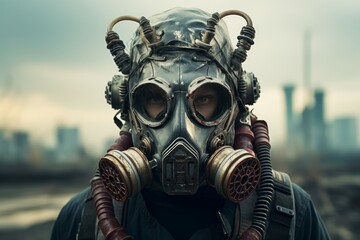 Obscure Man gas mask. War nuclear smoke. Generate Ai