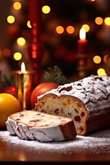 Obraz premium Christmas cake with candied fruits in the background blurred New Year decorations