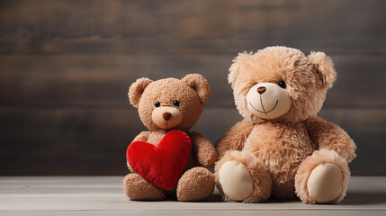 Obraz premium Teddy bears couple and Valentine's heart on a wooden background. Valentine's day concept.