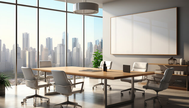 Modern meeting conference room with blank mockup board on wall. Interior of modern office meeting room, large conference table. 3d rendering. Teamwork,business,building,interior concept