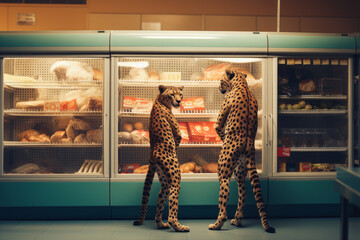 Two hungry leopards stand on two legs in a supermarket in the meat section. They make sure no one is watching them. Abstract composition with animals as people. Funny creative scene. - obrazy, fototapety, plakaty