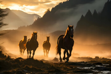 Running horses in mountains misty morning. High-resolution