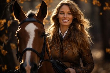young beautiful aristocrat woman on a horse ride in autumn - obrazy, fototapety, plakaty