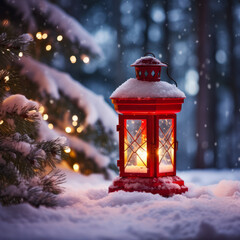 Red Christmas lantern in the snow, blurred background