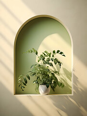 Arch with plant minimalism on the light wall. High quality