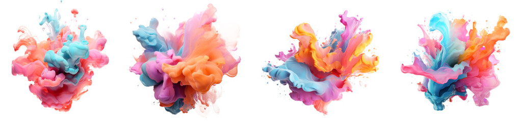 Set of abstract colorful fluid shape ink splash background, Creative bright water colors explosion elements for design, isolated on white and transparent background