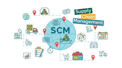 SCM. Supply Chain Management.  Banner with acronyms and icons.Сoncept of logistics of goods supply around the globe. Vector illustration on transparent background.