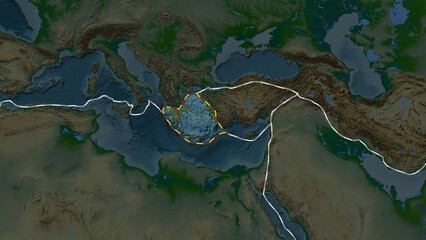 Aegean Sea plate highlighted. Patterson Cylindrical. Physical