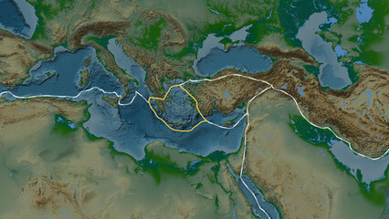 Aegean Sea plate outlined. Patterson Cylindrical. Physical