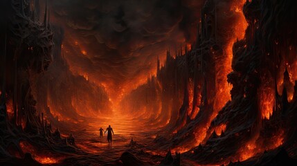 Hell concept, a place regarded in various religions as spiritual realm of evil and suffering, often traditionally depicted as a place of perpetual fire beneath the earth where the wicked - obrazy, fototapety, plakaty