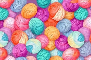 Seamless pattern of colorful rainbow yarn for knitting. Colored balls, skeins for knitting. Generative AI