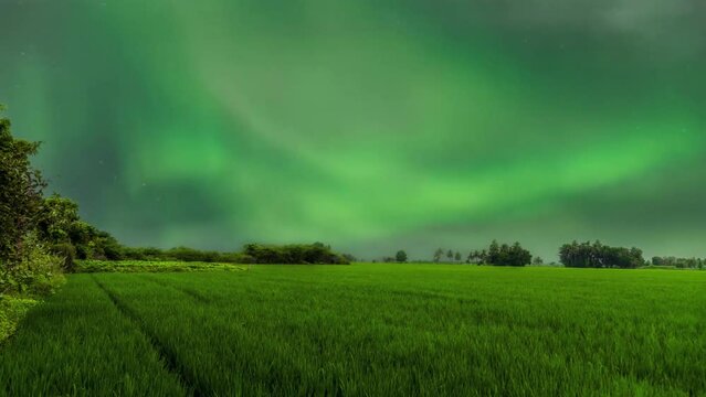 Northern light effect with beautiful agriculture landscape at india. Rural village farm and agriculture field.