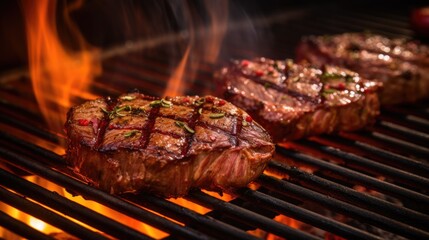 Detail to steak on the grill, grilling and food concept