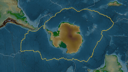 Antarctica plate outlined. Patterson Cylindrical. Physical