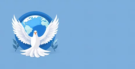 Fotobehang White bird, dove flying in front of the globe. Symbol of peace on earth. Wings and some leaves for concept of stopping the war. © Caphira Lescante