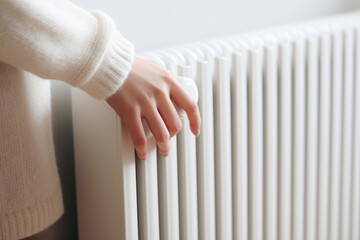 Woman in sweater warming her hands at heating radiator close up