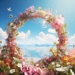 A composition of flowers arranged in a perfect circle, with a background of pastel blue sky and fluffy clouds