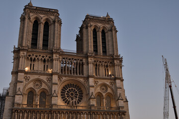 Fototapeta na wymiar Paris, France. Notre Dame Cathedral under reconstruction at dusk. November 13, 2022.