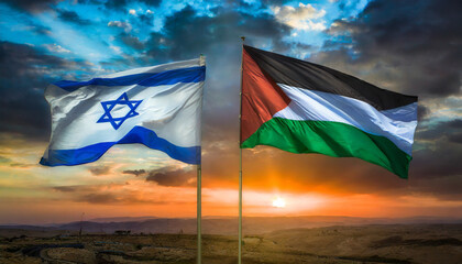 Israeli and Palestinian flags, side by side symbolize hope for a future of peace, unity, and...