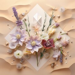 Blooming desert flowers arranged in a diamond shape against a sandy textured background