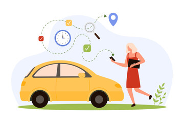 GPS navigation for car road travel in mobile app, tiny woman holding phone to navigate