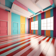 large, coloreful room with three doors in different colores