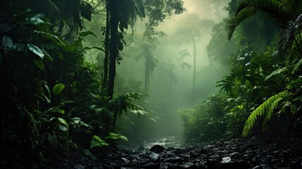 Rainforest with a fog concept, a luxuriant, dense forest rich in biodiversity, found typically in tropical areas with consistently heavy rainfall - obrazy, fototapety, plakaty