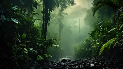 Zelfklevend Fotobehang Rainforest with a fog concept, a luxuriant, dense forest rich in biodiversity, found typically in tropical areas with consistently heavy rainfall © Khaligo