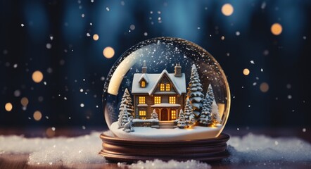 Beautiful snow ball or snowglobe with snowfall and mountain house inside