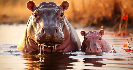 Fototapeta premium hippopotamus with its offspring in an african river. black and white. generated with ia