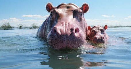 Fototapeta premium hippopotamus with its offspring in an african river. black and white. generated with ia