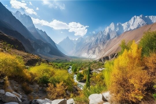 Beautiful mountain landscape with a scenic view of Hunza Valley during summer in Pakistan. Generative AI