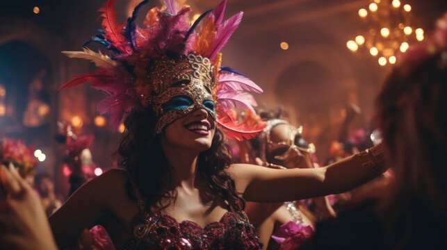 Captivating Mardi Gras masquerade ball unfolds, grand and opulent ballroom. Guests are elegantly dressed in masks and vibrant costumes, dancing to lively music. Glamour and celebration. generative ai