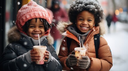 A close-up of black skin child's rosy cheeks and bright eyes as they savor the first bite of a freshly made snow cone, colorful syrup, drink , tea. Boy and girl chilly winter treat. generative ai