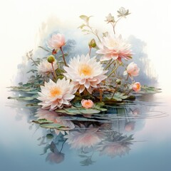 A composition of flowers reflected in a serene lake
