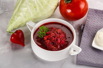 Borsch soup with cabbage and beetroot