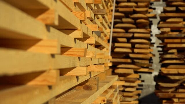 Wooden boards in a sawmill close up. Edged board.