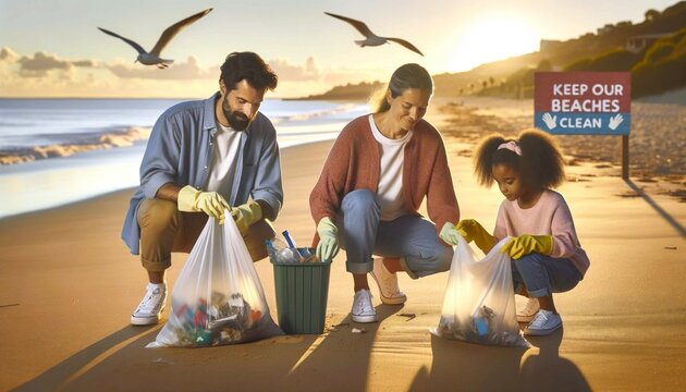 People cleaning sandy beach from rubbish, environmental care, eco friendly, sustainability 