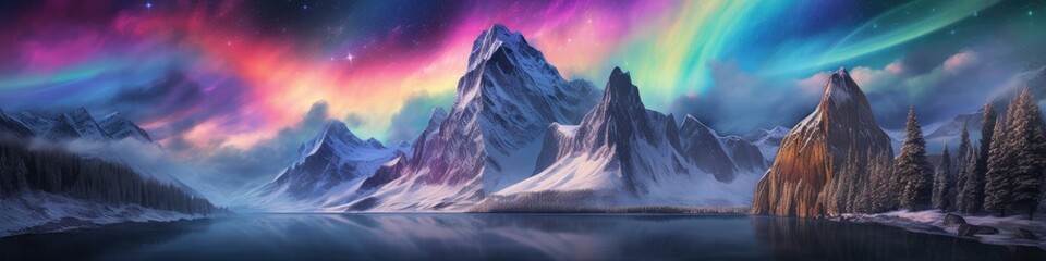Colorful aurora over the snowy mountains, nature concept