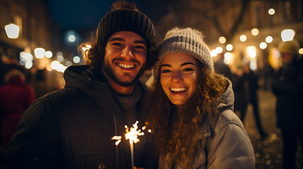 Young happy friends burning festive sparklers on blurred background of Christmas market lights
