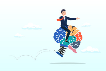 Businessman riding human brain with springboard, brain intelligence, resilience or creativity to control thinking process for new idea, smart or wisdom to brainstorm, imagination to success (Vector)
