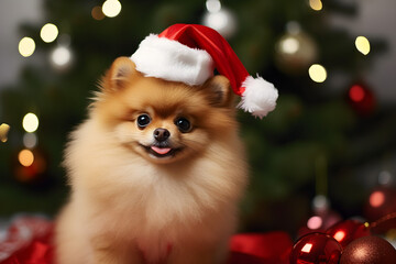 Fototapeta na wymiar Pomeranian in Santa's hat on Christmas tree background