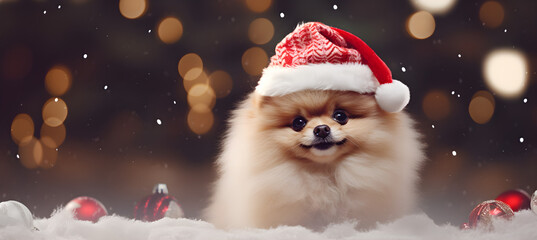 Obraz na płótnie Canvas Pomeranian in Santa's hat on Christmas tree background
