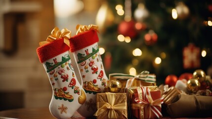 A close-up of a vibrant red St. Nicholas Day stocking hanging by the fireplace. The stocking is beautifully embroidered with festive designs red, christmas tree presents. generative ai