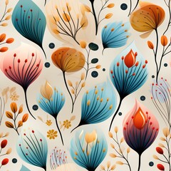 Seamless pattern with abstract redand blue flowers on beige background. Generative AI.