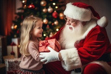 Fototapeta na wymiar Santa Claus in a red suit gives a gift to a little girl . Christmas concept