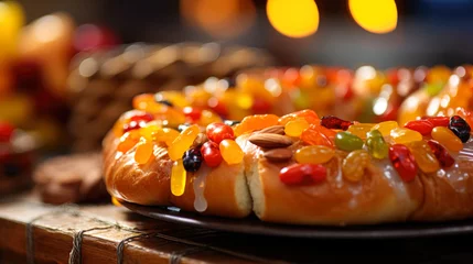 Poster Pain A close-up of traditional Rosca de Reyes, a sweet bread typically enjoyed during Three Kings Day, adorned with candied fruits. The bread is beautifully braided and shaped into a ring. generative ai