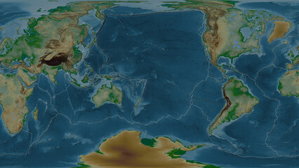 Tonga plate - global map. Patterson Cylindrical. Physical