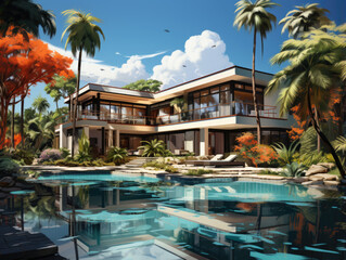 Garden and pool with a luxury mansion house villa building. Enjoy a tropical vacation vibe with graphic art.