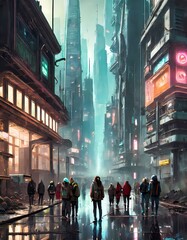 View of a street of a futuristic city with tall buildings, with illuminated signs and with people on the street. Polluted and dystopian atmosphere.